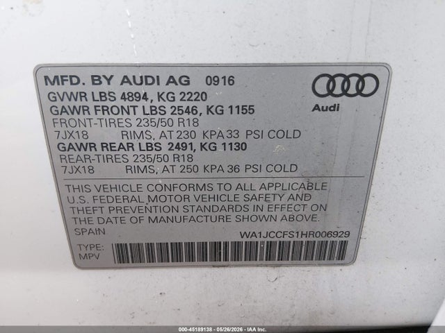 45189138 :رقم المزاد ، WA1JCCFS1HR006929 vin ، 2017 Audi Q3 2.0t Premium مزاد بيع