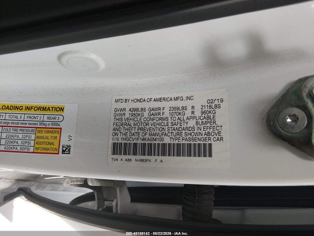 Aukcja sprzedaży 2019 Honda Accord Lx, vin: 1HGCV1F14KA054100, numer aukcji: 45189143