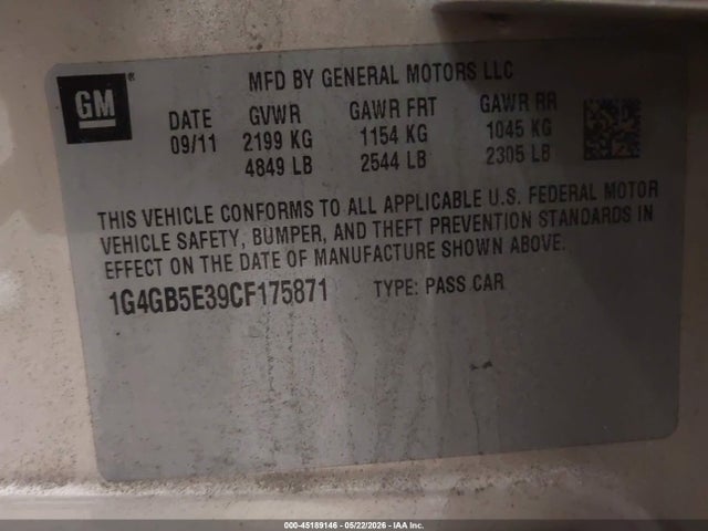 45189146 :رقم المزاد ، 1G4GB5E39CF175871 vin ، 2012 Buick Lacrosse Convenience Group مزاد بيع