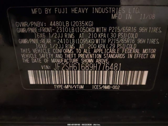2009 Subaru Forester 2.5x მანქანა იყიდება აუქციონზე, vin: JF2SH61689H776481, აუქციონის ნომერი: 45189160