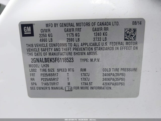 45189176 :رقم المزاد ، 2GNALBEK5F6118523 vin ، 2015 Chevrolet Equinox 1lt مزاد بيع
