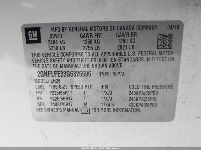 45189179 :رقم المزاد ، 2GNFLFE33G6326696 vin ، 2016 Chevrolet Equinox Lt مزاد بيع