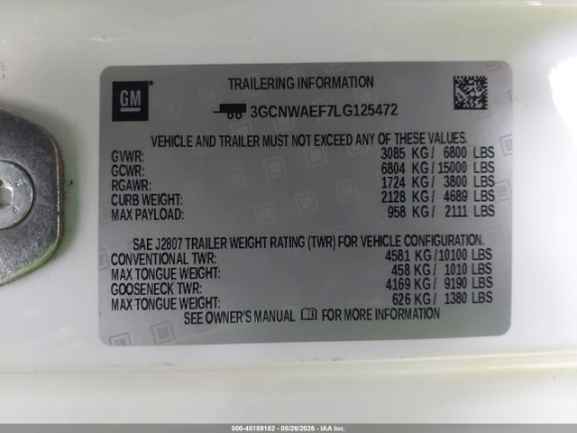 45189182 :رقم المزاد ، 3GCNWAEF7LG125472 vin ، 2020 Chevrolet Silverado 1500 2wd  Long Bed Wt مزاد بيع