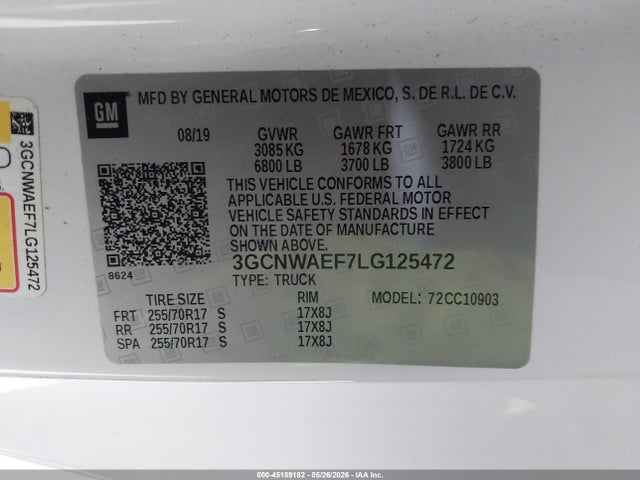 45189182 :رقم المزاد ، 3GCNWAEF7LG125472 vin ، 2020 Chevrolet Silverado 1500 2wd  Long Bed Wt مزاد بيع