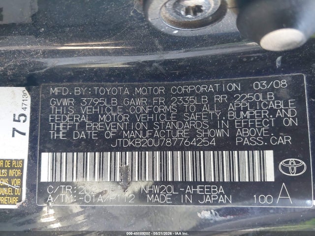 Продажа на аукционе авто 2008 Toyota Prius, vin: JTDKB20U787764254, номер лота: 45189207