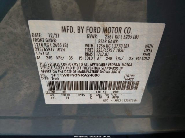 3FTTW8F93NRA24686 Ford Maverick Xlt