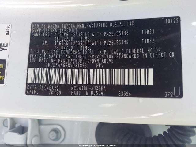 Aukcja sprzedaży 2022 Toyota Corolla Cross Xle, vin: 7MUDAAAG8NV034875, numer aukcji: 45189220