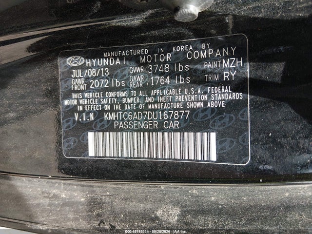 2013 Hyundai Veloster Base W/black მანქანა იყიდება აუქციონზე, vin: KMHTC6AD7DU167877, აუქციონის ნომერი: 45189234