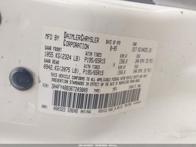 45189237 :رقم المزاد ، 3A4FY48B36T203809 vin ، 2006 Chrysler Pt Cruiser مزاد بيع