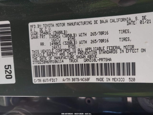 3TMDZ5BN6MM106114 Toyota Tacoma Double Cab/sr5/trd Sport/trd Off Road