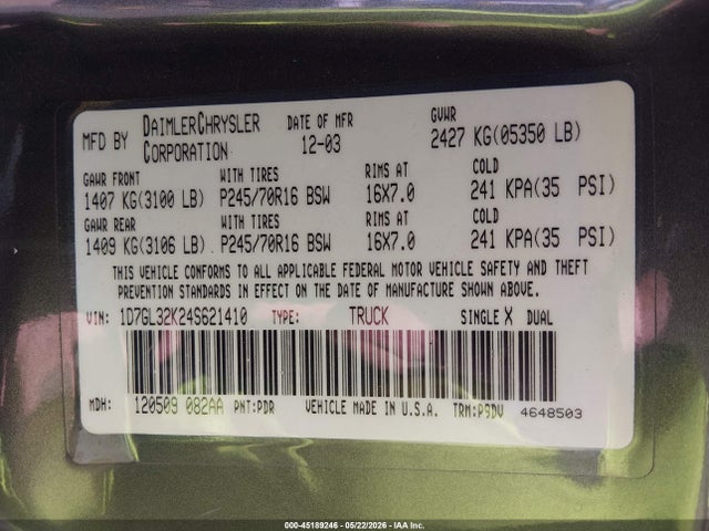 Aukcja sprzedaży 2004 Dodge Dakota Sport, vin: 1D7GL32K24S621410, numer aukcji: 45189246