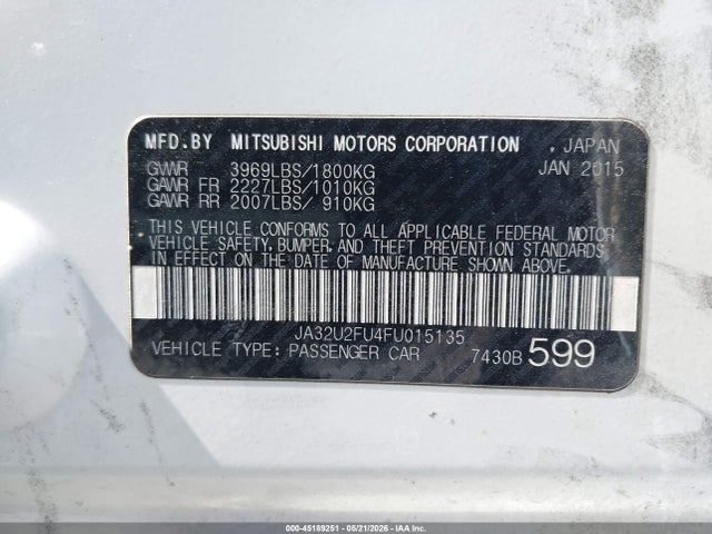 45189251 :رقم المزاد ، JA32U2FU4FU015135 vin ، 2015 Mitsubishi Lancer Es مزاد بيع