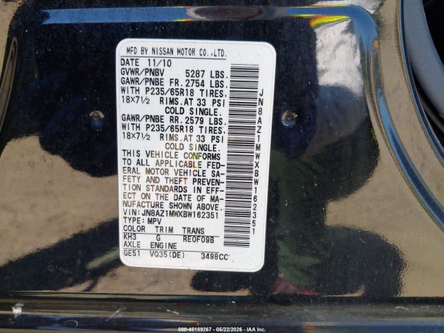 Продаж на аукціоні авто 2011 Nissan Murano Sl, vin: JN8AZ1MWXBW162351, номер лоту: 45189267