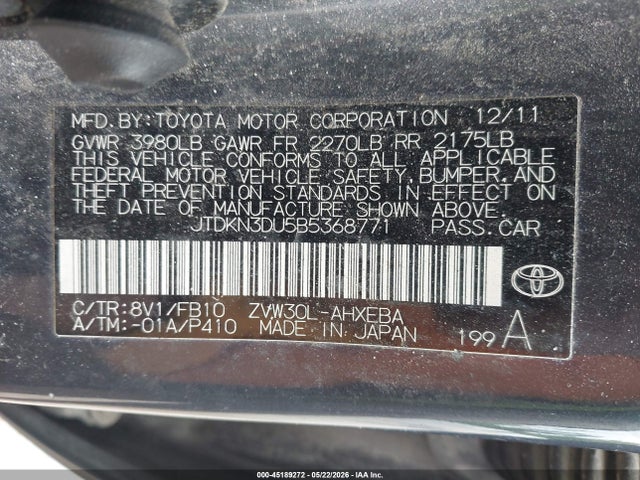 2011 Toyota Prius Two მანქანა იყიდება აუქციონზე, vin: JTDKN3DU5B5368771, აუქციონის ნომერი: 45189272