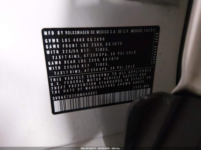 2022 Volkswagen Taos 1.5t S მანქანა იყიდება აუქციონზე, vin: 3VVAX7B25NM044931, აუქციონის ნომერი: 45189279