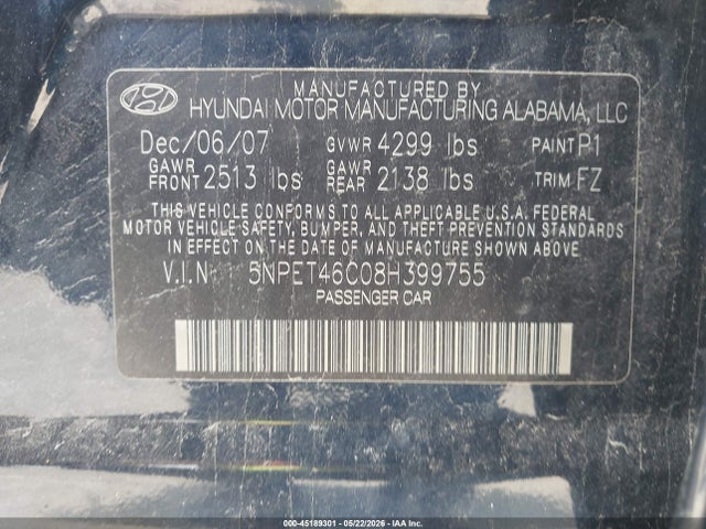 Продажа на аукционе авто 2008 Hyundai Sonata Gls, vin: 5NPET46C08H399755, номер лота: 45189301