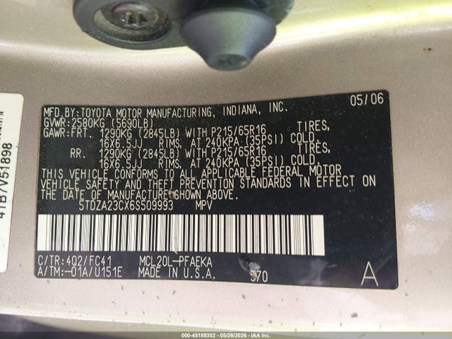 2006 Toyota Sienna Le მანქანა იყიდება აუქციონზე, vin: 5TDZA23CX6S509993, აუქციონის ნომერი: 45189302