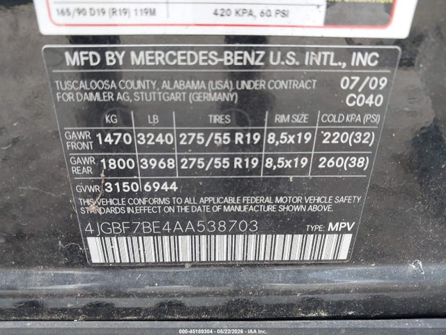 Aukcja sprzedaży 2010 Mercedes-benz Gl 450 4matic, vin: 4JGBF7BE4AA538703, numer aukcji: 45189304