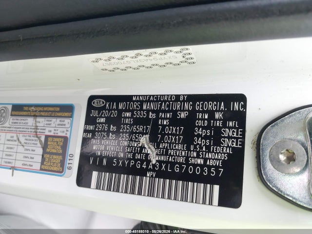 Aukcja sprzedaży 2020 Kia Sorento 2.4l Lx, vin: 5XYPG4A3XLG700357, numer aukcji: 45189310
