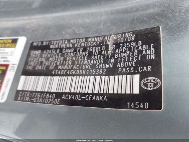 Aukcja sprzedaży 2009 Toyota Camry Le, vin: 4T4BE46K89R115382, numer aukcji: 45189323