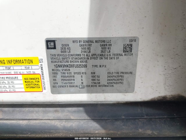 Chevrolet Traverse 2lt 2015 1GNKVHKDXFJ325399 Image 9