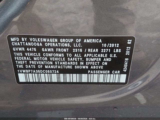 Aukcja sprzedaży 2013 Volkswagen Passat 2.5l Se, vin: 1VWBP7A35DC050724, numer aukcji: 45189336