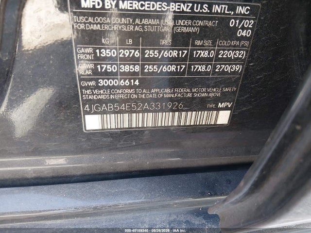 45189340 :رقم المزاد ، 4JGAB54E52A331926 vin ، 2002 Mercedes-benz Ml 320 مزاد بيع