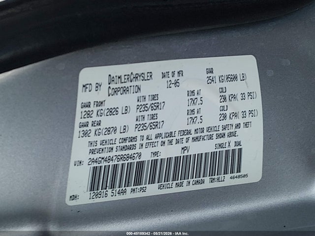 Продаж на аукціоні авто 2006 Chrysler Pacifica, vin: 2A4GM48476R684670, номер лоту: 45189342