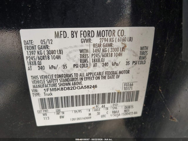 2013 Ford Explorer Xlt მანქანა იყიდება აუქციონზე, vin: 1FM5K8D82DGA58246, აუქციონის ნომერი: 45189357