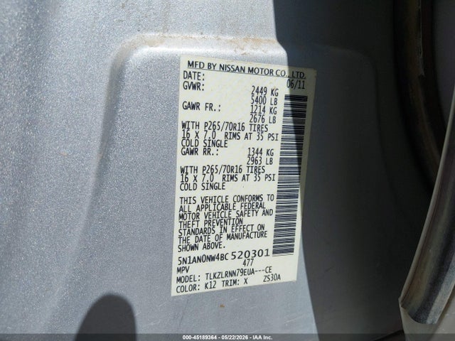 Aukcja sprzedaży 2011 Nissan Xterra S, vin: 5N1AN0NW4BC520301, numer aukcji: 45189364