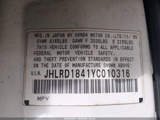 2000 Honda Cr-v Lx მანქანა იყიდება აუქციონზე, vin: JHLRD1841YC010316, აუქციონის ნომერი: 45189379