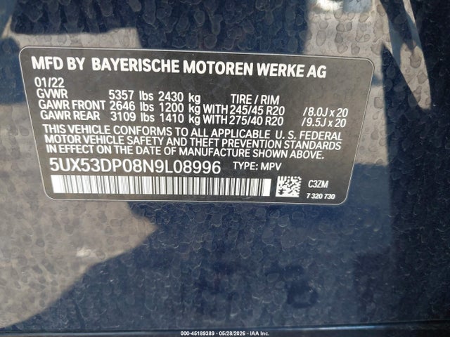 Aukcja sprzedaży 2022 Bmw X3 Xdrive30i, vin: 5UX53DP08N9L08996, numer aukcji: 45189389