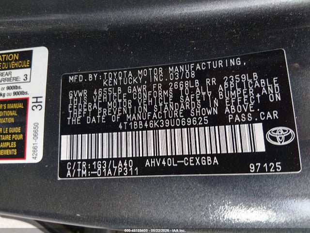 2009 Toyota Camry Hybrid მანქანა იყიდება აუქციონზე, vin: 4T1BB46K39U069625, აუქციონის ნომერი: 45189400