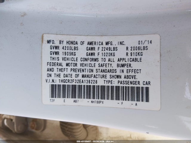 Honda ACCORD LX 2014 1HGCR2F32EA136228 Image 9