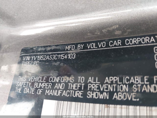 45189428 :رقم المزاد ، YV1952AS3C1154103 vin ، 2012 Volvo S80 3.2/3.2 Platinum/3.2 Premier Plus مزاد بيع