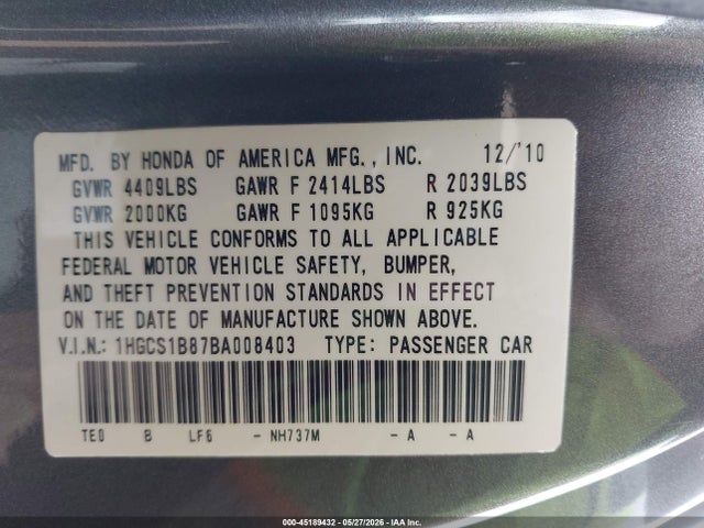 Продажа на аукционе авто 2011 Honda Accord 2.4 Ex-l, vin: 1HGCS1B87BA008403, номер лота: 45189432