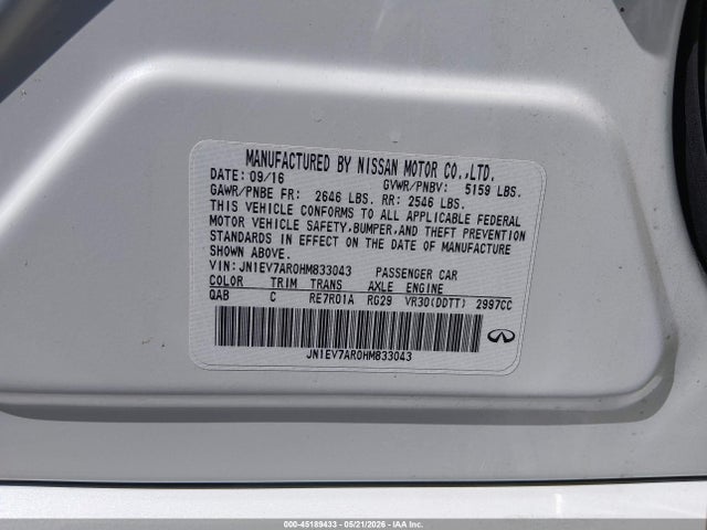 Продаж на аукціоні авто 2017 Infiniti Q50 3.0t Premium, vin: JN1EV7AR0HM833043, номер лоту: 45189433