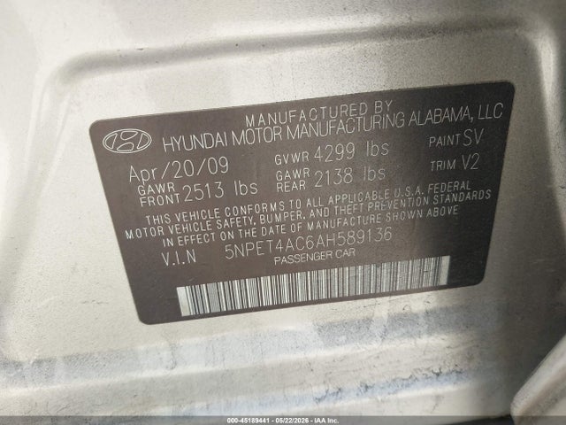 Aukcja sprzedaży 2010 Hyundai Sonata Gls, vin: 5NPET4AC6AH589136, numer aukcji: 45189441