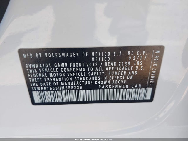 Aukcja sprzedaży 2017 Volkswagen Jetta 1.4t Se, vin: 3VWB67AJ9HM358226, numer aukcji: 45189450