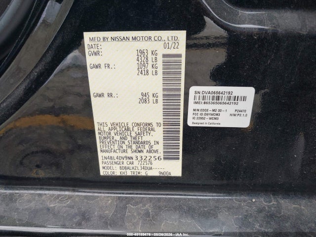1N4BL4DV9NN332256 Nissan Altima Sv Fwd