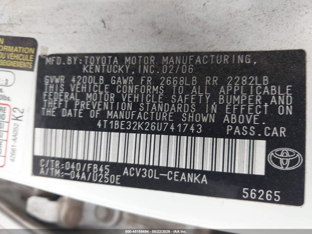 2006 Toyota Camry Le მანქანა იყიდება აუქციონზე, vin: 4T1BE32K26U741743, აუქციონის ნომერი: 45189494