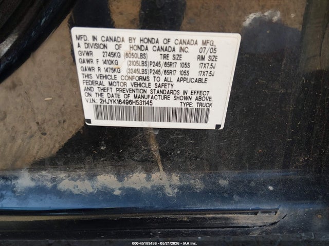 Продаж на аукціоні авто 2006 Honda Ridgeline Rts, vin: 2HJYK16496H531145, номер лоту: 45189496