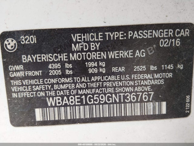 Продаж на аукціоні авто 2016 Bmw 320i, vin: WBA8E1G59GNT36767, номер лоту: 45189500