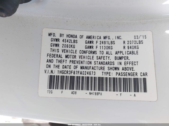 45189502 :رقم المزاد ، 1HGCR3F87FA024673 vin ، 2015 Honda Accord Ex-l V-6 مزاد بيع