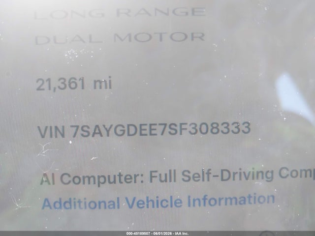 45189507 :رقم المزاد ، 7SAYGDEE7SF308333 vin ، 2025 Tesla Model Y Long Range Dual Motor All-wheel Drive مزاد بيع