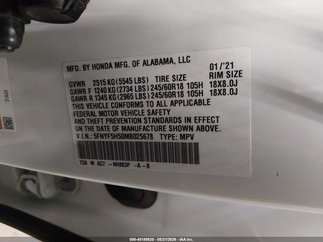 Honda Pilot 2wd Ex-l 2021 5FNYF5H50MB025678 Image 9