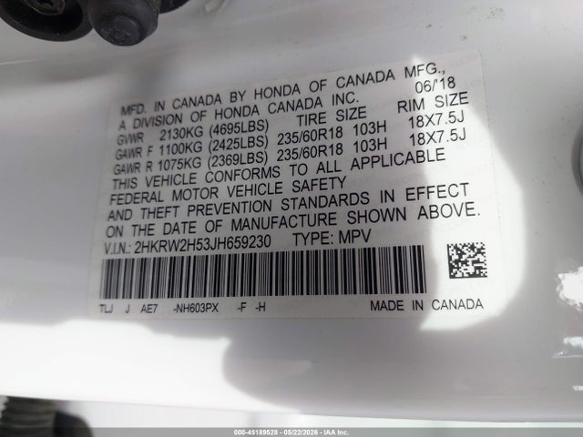 45189528 :رقم المزاد ، 2HKRW2H53JH659230 vin ، 2018 Honda Cr-v Ex مزاد بيع