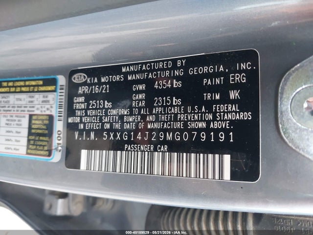 Продаж на аукціоні авто 2021 Kia K5 Lxs, vin: 5XXG14J29MG079191, номер лоту: 45189529