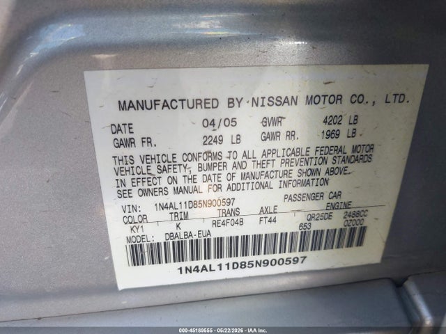 Aukcja sprzedaży 2005 Nissan Altima S/sl, vin: 1N4AL11D85N900597, numer aukcji: 45189555