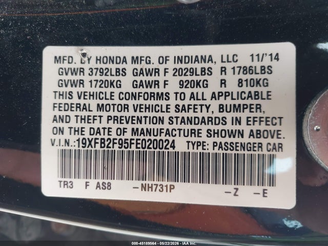 2015 Honda Civic Ex-l მანქანა იყიდება აუქციონზე, vin: 19XFB2F95FE020024, აუქციონის ნომერი: 45189564